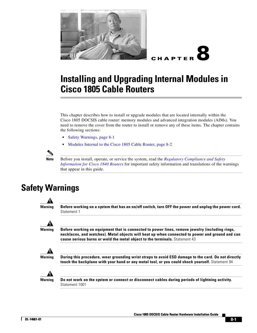 Cisco Systems manual Safety Warnings, page, Modules Internal to the Cisco 1805 Cable Router, page, C H A P T E R 