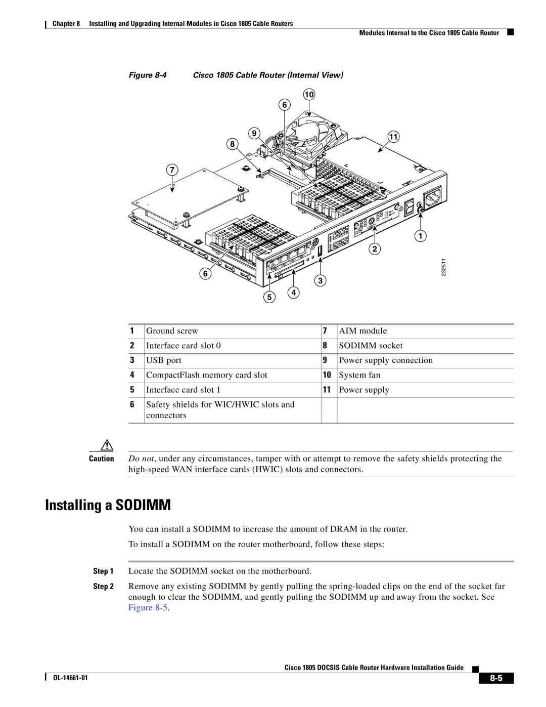 Cisco Systems manual Installing a SODIMM, 4 Cisco 1805 Cable Router Internal View 