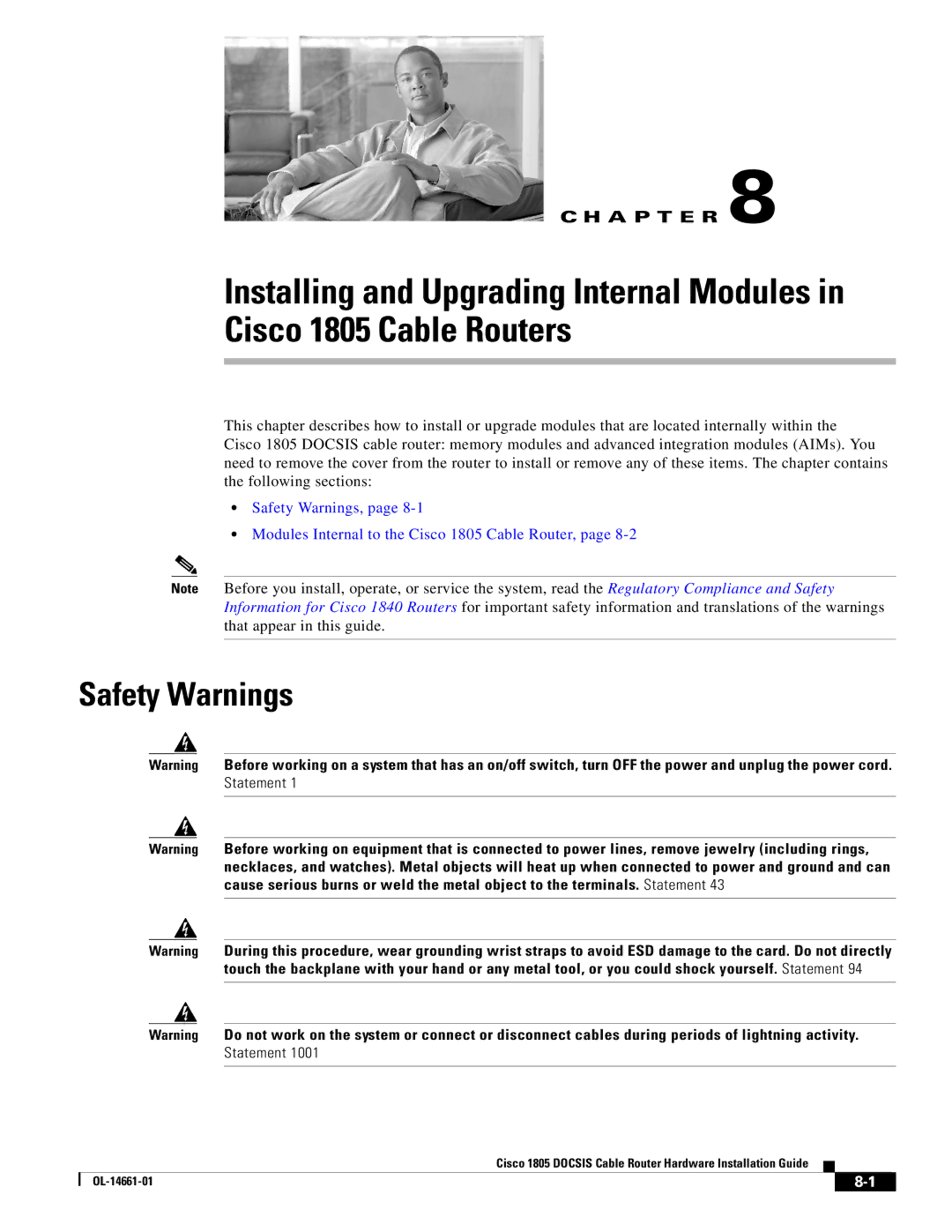 Cisco Systems 1805 manual Safety Warnings 