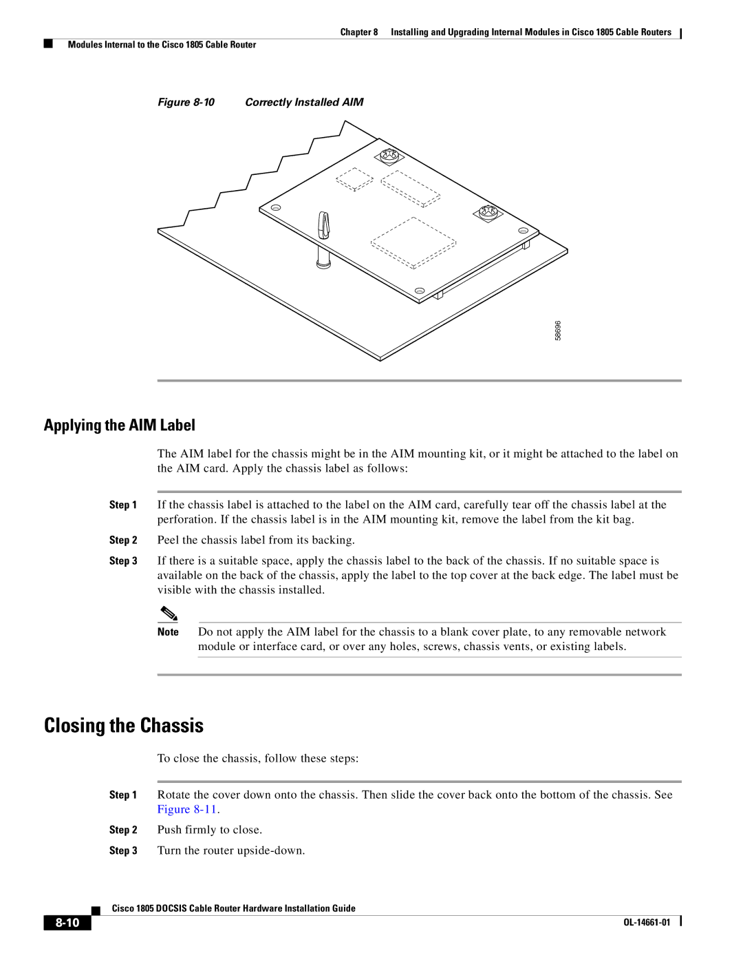 Cisco Systems 1805 manual Closing the Chassis, Applying the AIM Label 