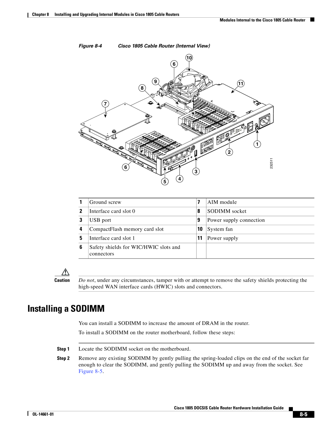 Cisco Systems manual Installing a Sodimm, Cisco 1805 Cable Router Internal View 