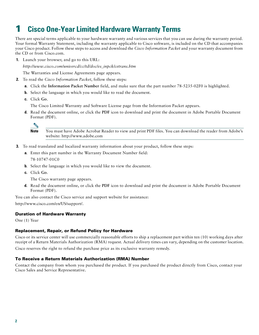 Cisco Systems 1811 Cisco One-Year Limited Hardware Warranty Terms, Replacement, Repair, or Refund Policy for Hardware 