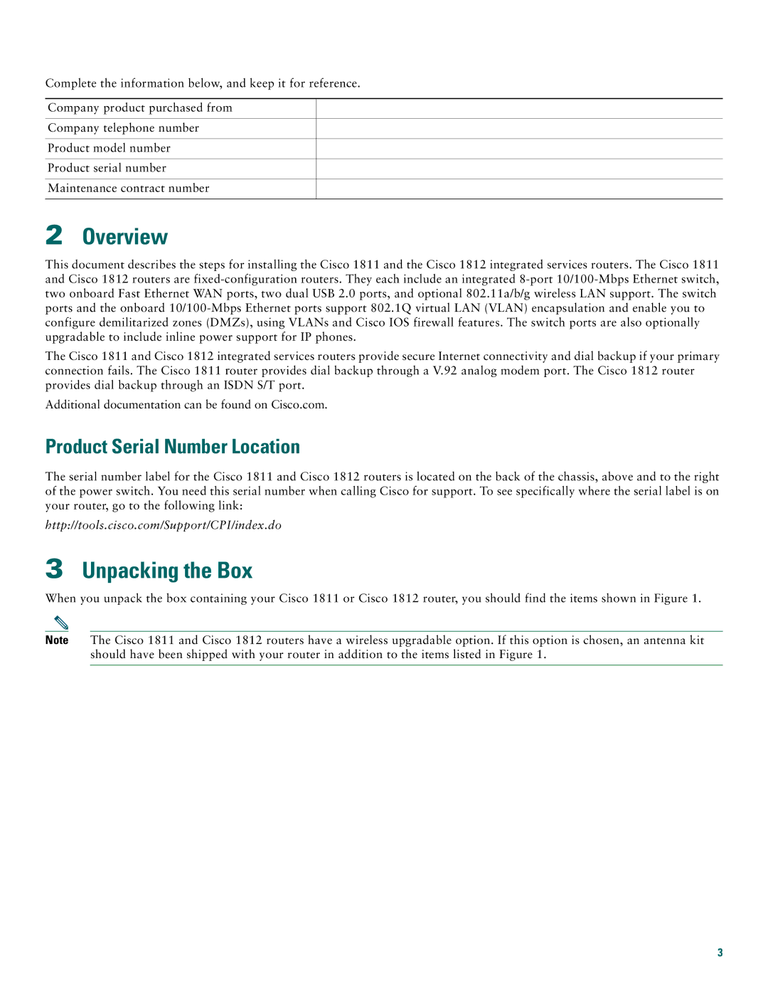 Cisco Systems 1812, 1811 quick start Overview, Unpacking the Box, Product Serial Number Location 