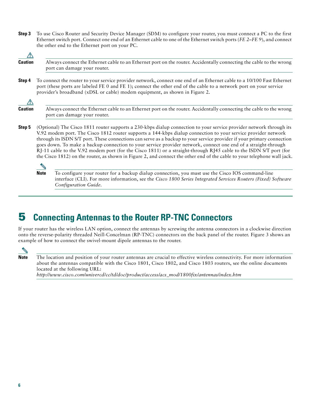 Cisco Systems 1811, 1812 quick start Connecting Antennas to the Router RP-TNC Connectors 