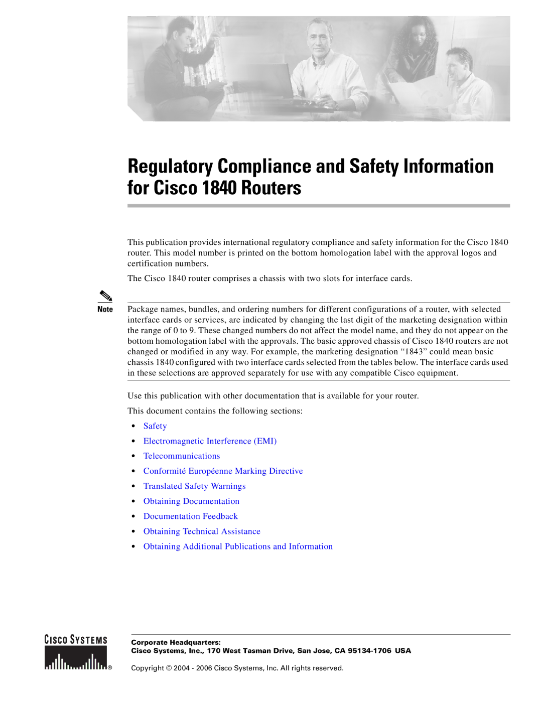 Cisco Systems 1840 manual Copyright 2004 2006 Cisco Systems, Inc. All rights reserved 