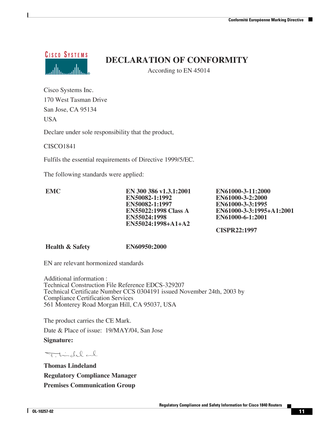 Cisco Systems 1840 manual Declaration of Conformity 