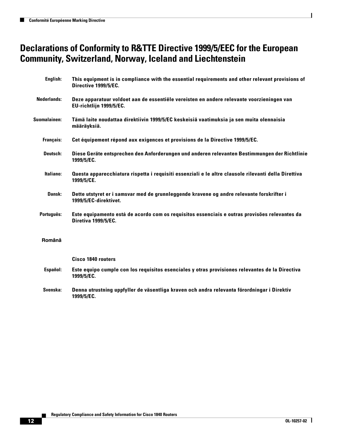 Cisco Systems 1840 manual Conformité Européenne Marking Directive 