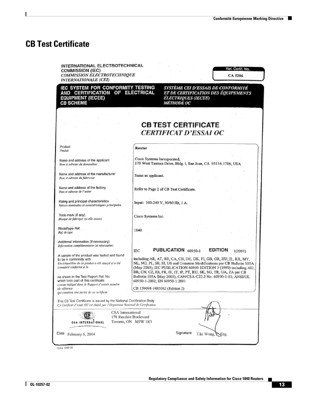 Cisco Systems 1840 manual CB Test Certificate 