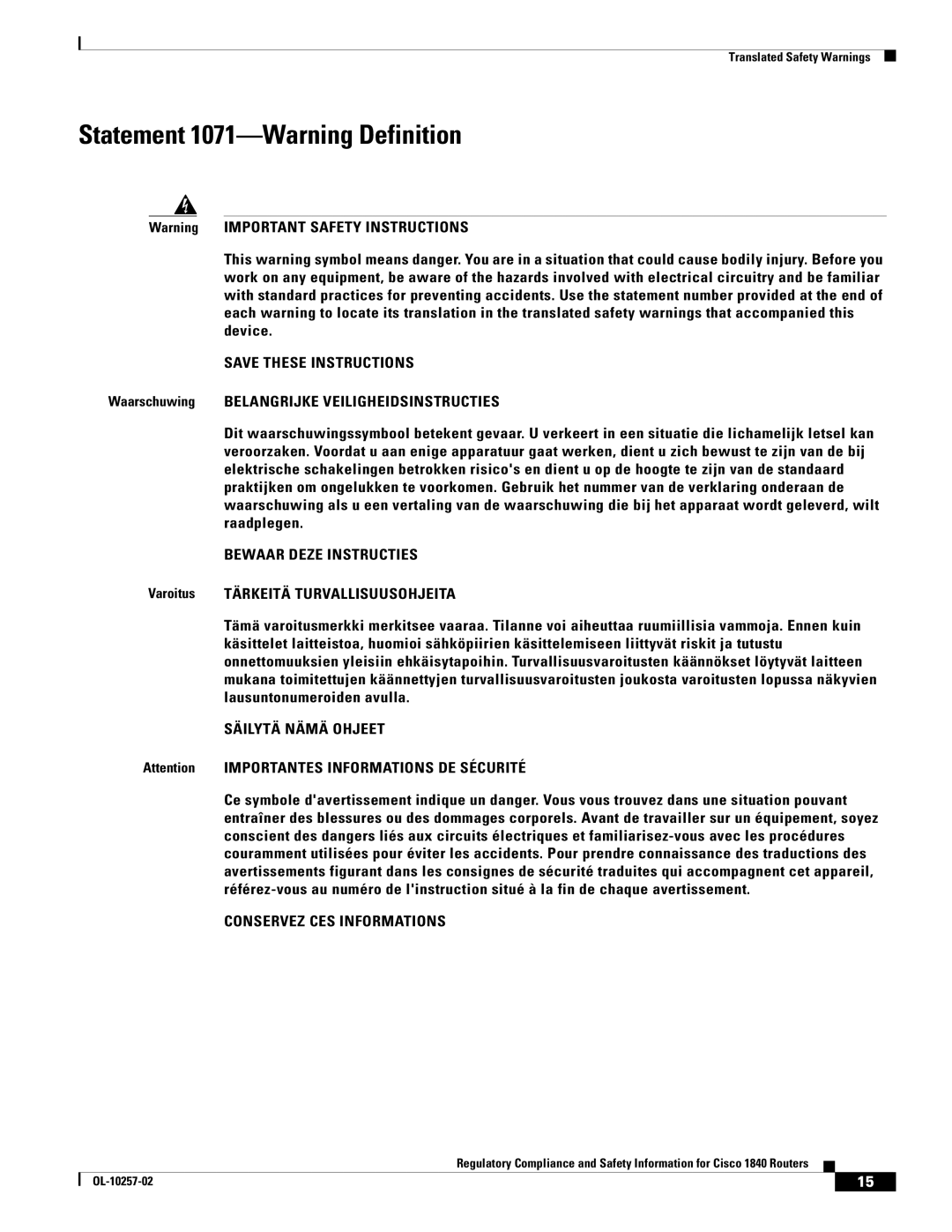 Cisco Systems 1840 manual Statement 1071-Warning Definition, Bewaar Deze Instructies 