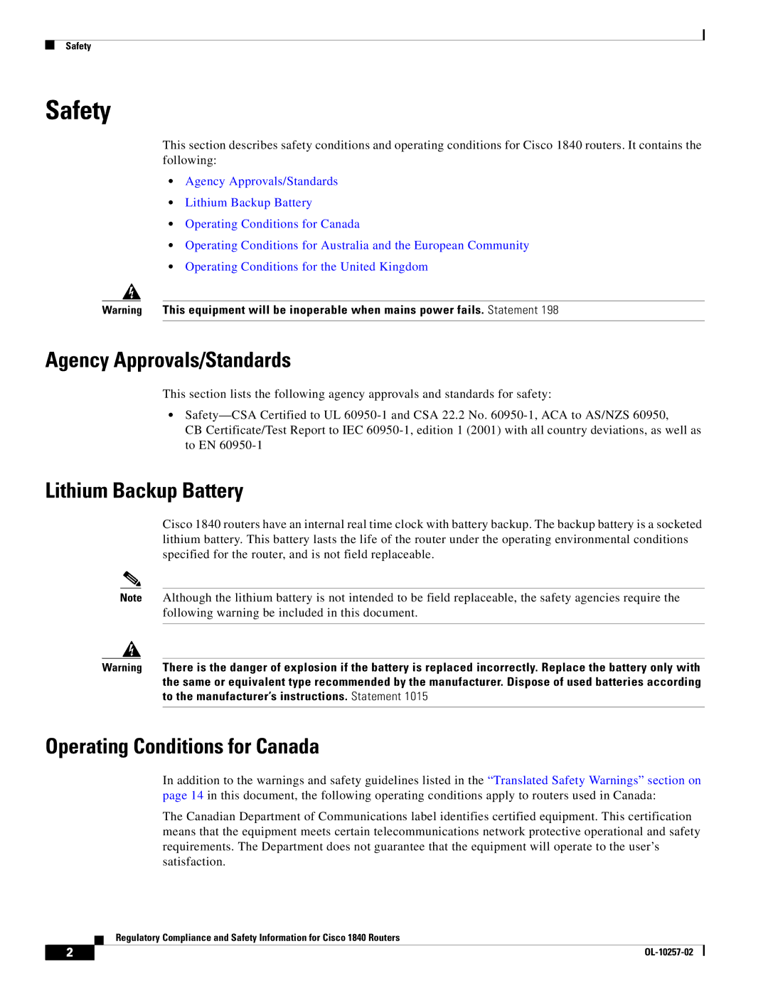 Cisco Systems 1840 manual Safety, Agency Approvals/Standards, Lithium Backup Battery, Operating Conditions for Canada 