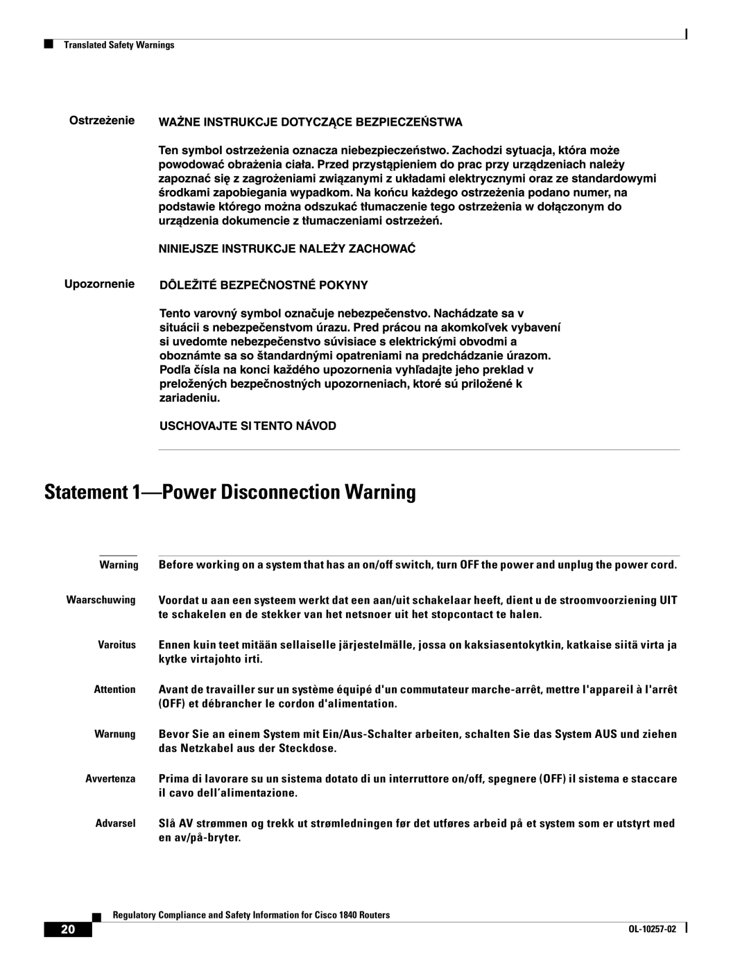 Cisco Systems 1840 manual Statement 1-Power Disconnection Warning 