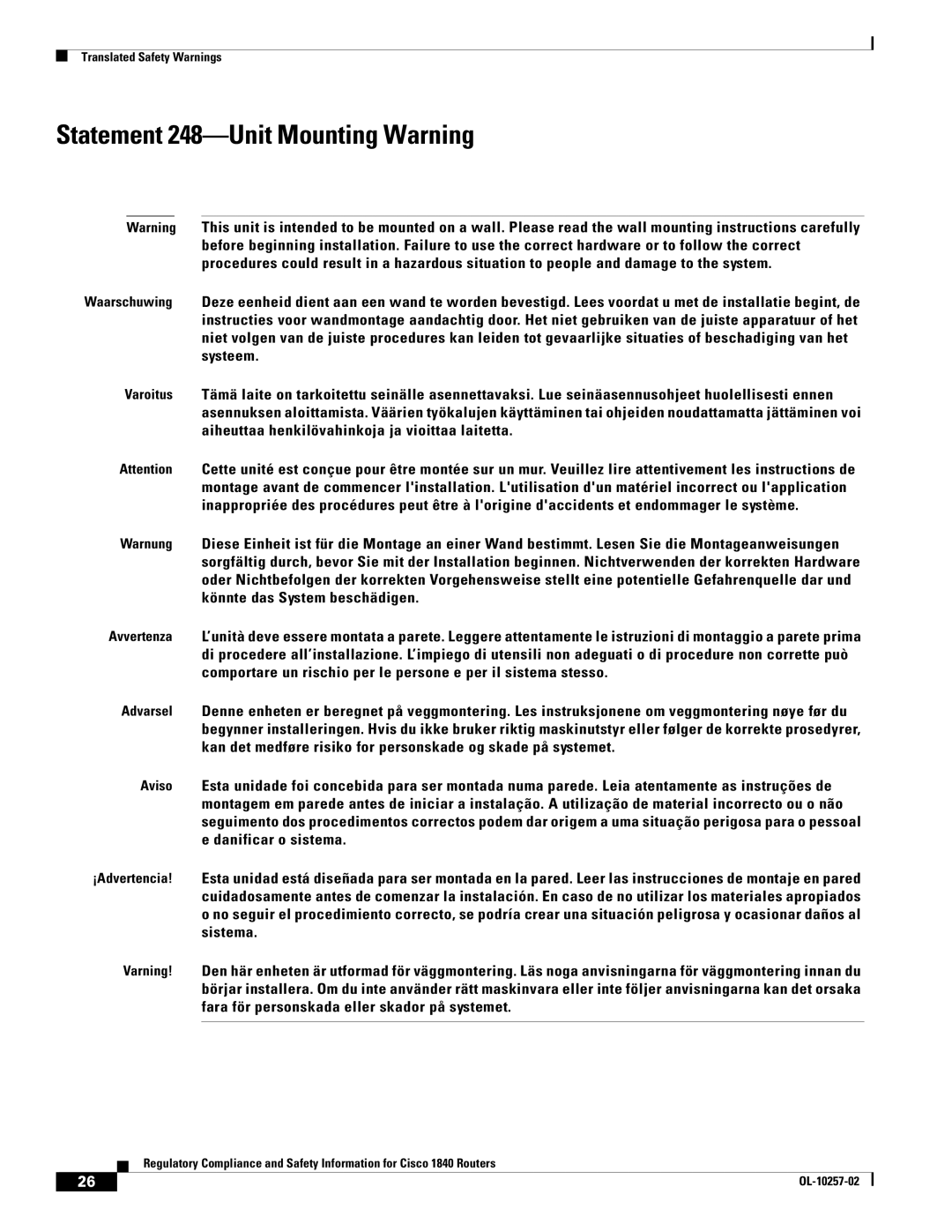 Cisco Systems 1840 manual Statement 248-Unit Mounting Warning 