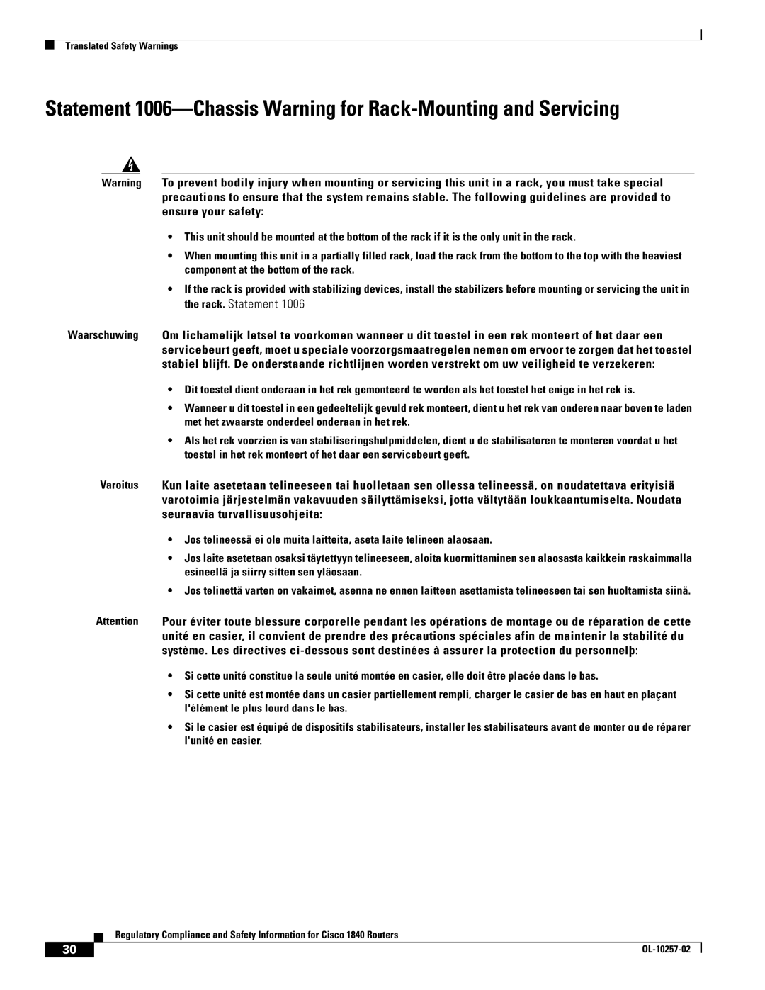 Cisco Systems 1840 manual Translated Safety Warnings 