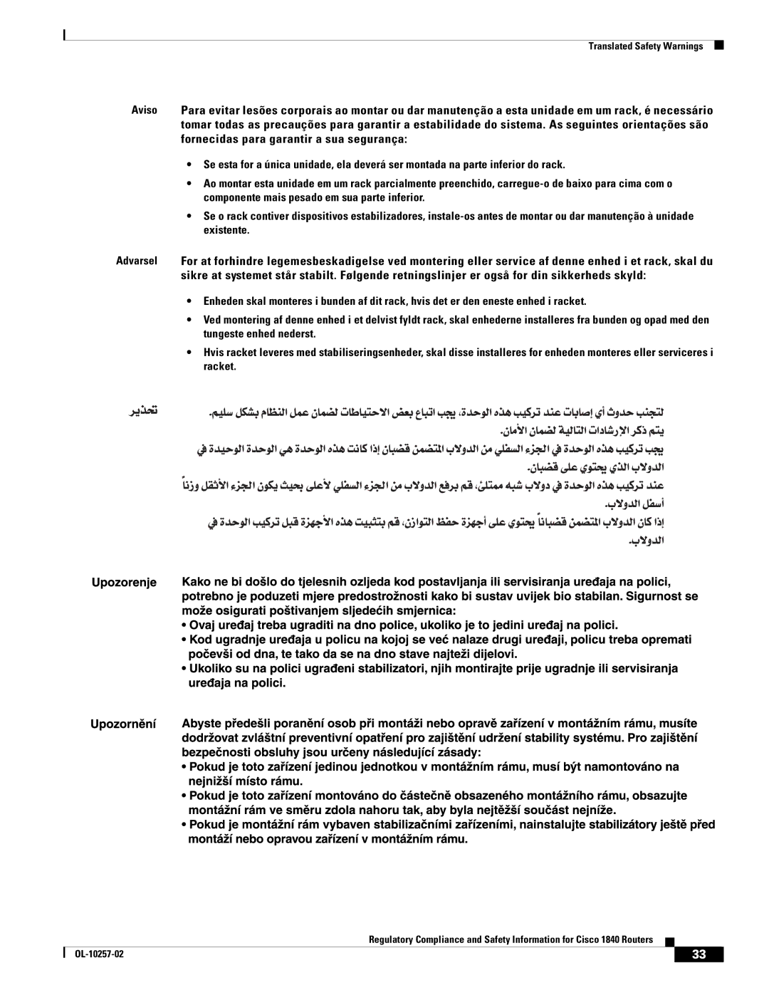 Cisco Systems 1840 manual Translated Safety Warnings 