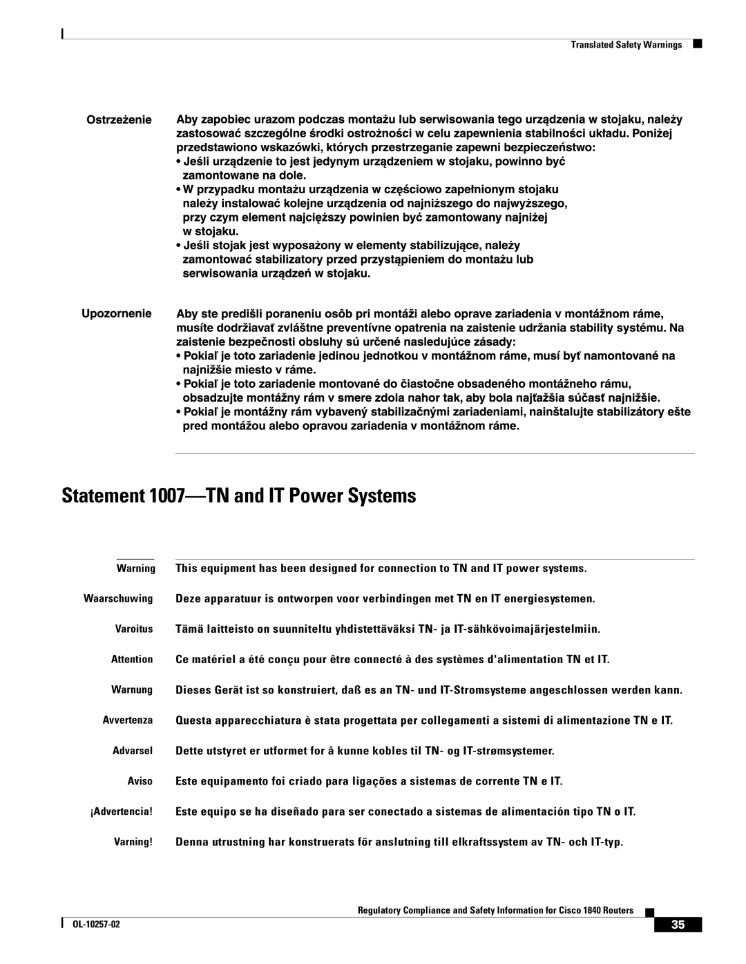 Cisco Systems 1840 manual Statement 1007-TN and IT Power Systems 