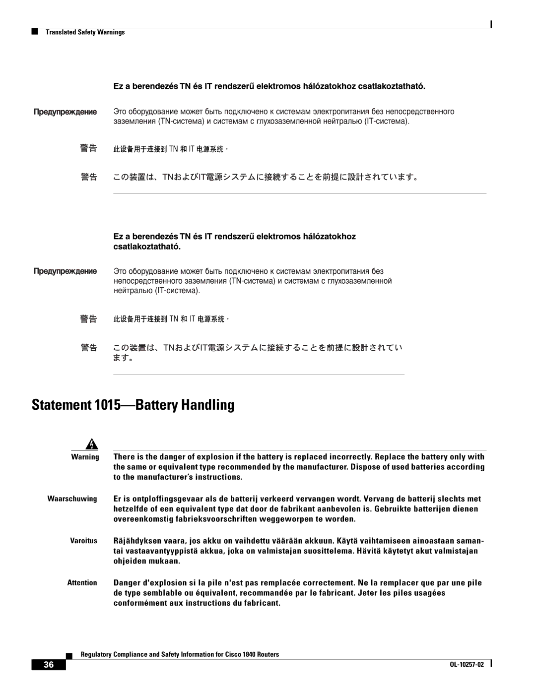 Cisco Systems 1840 manual Statement 1015-Battery Handling 