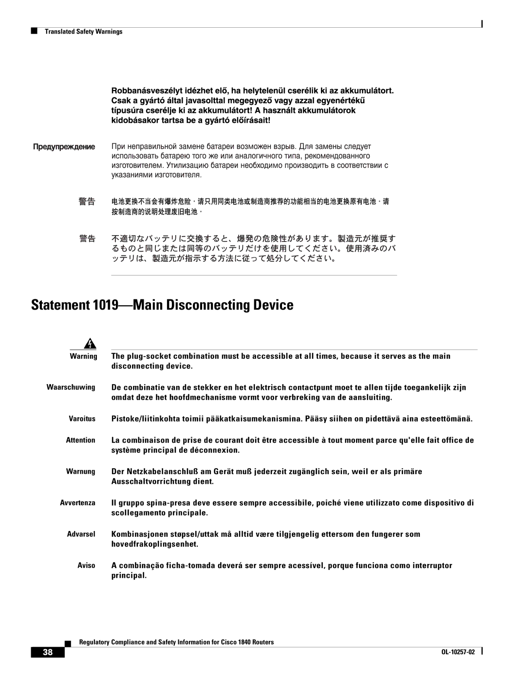 Cisco Systems 1840 manual Statement 1019-Main Disconnecting Device 