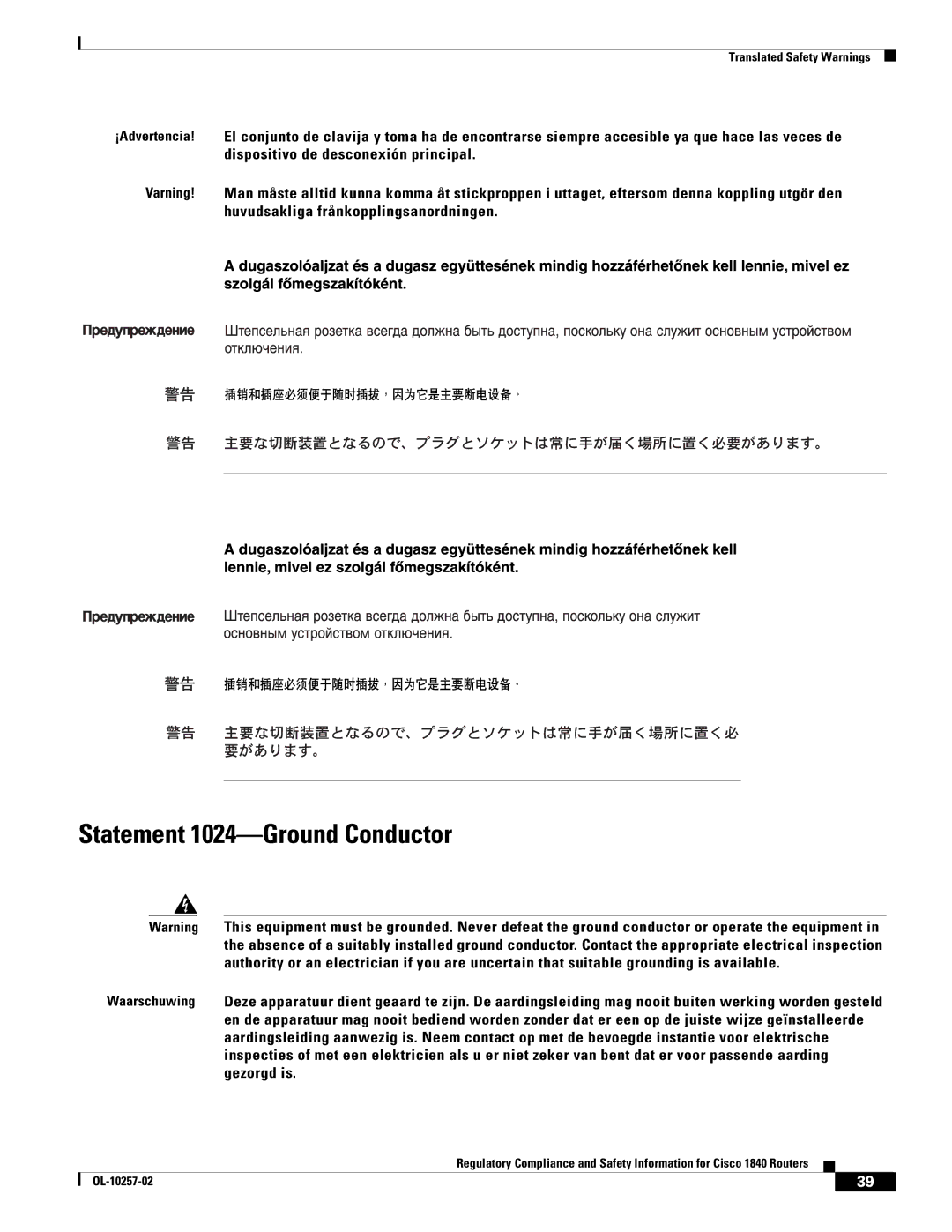 Cisco Systems 1840 manual Statement 1024-Ground Conductor 