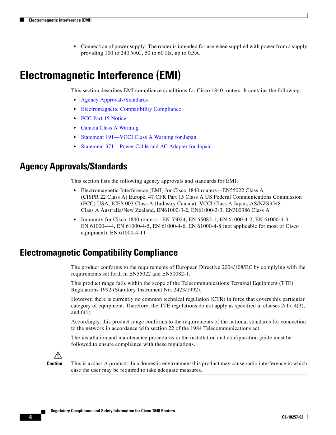 Cisco Systems 1840 manual Electromagnetic Interference EMI, Electromagnetic Compatibility Compliance 