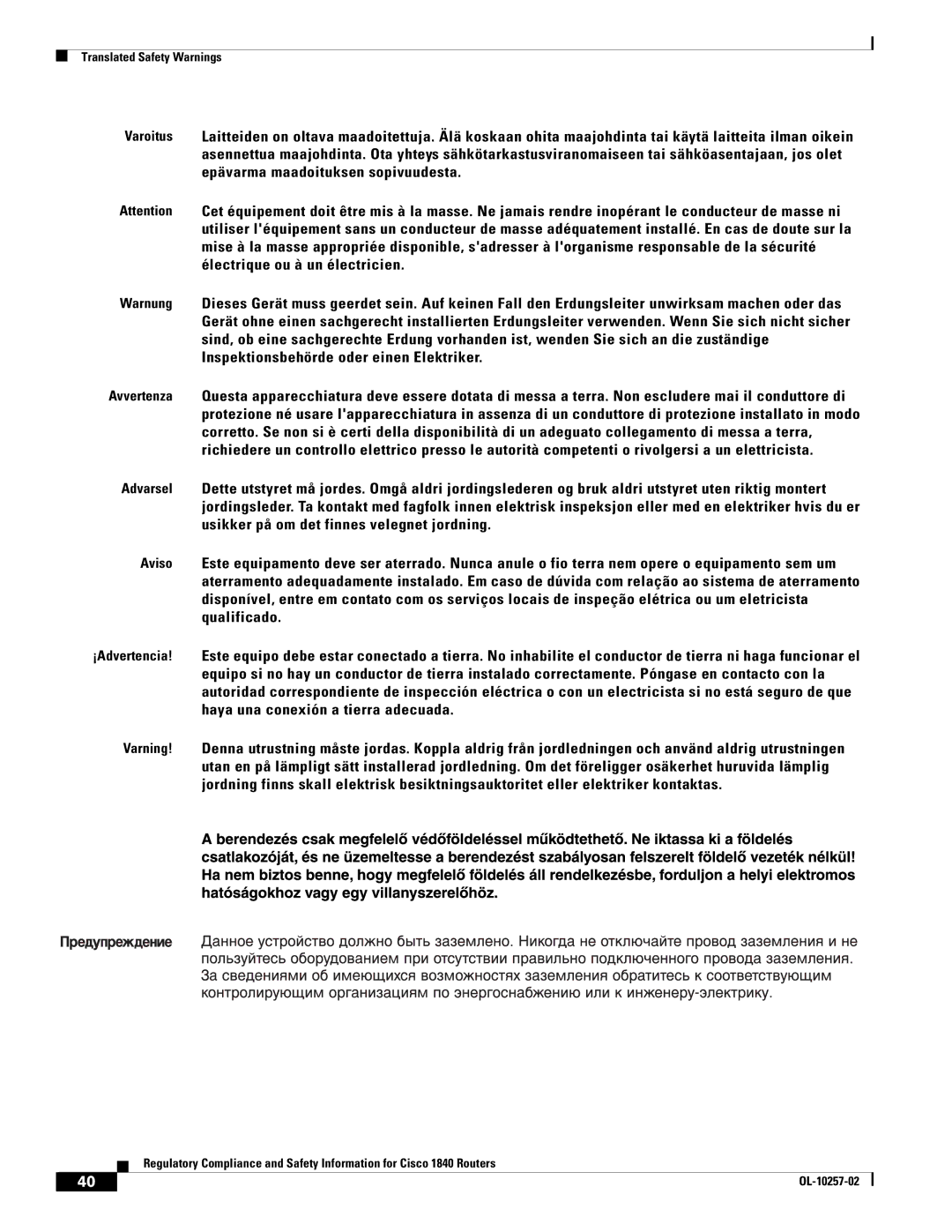 Cisco Systems 1840 manual Translated Safety Warnings 