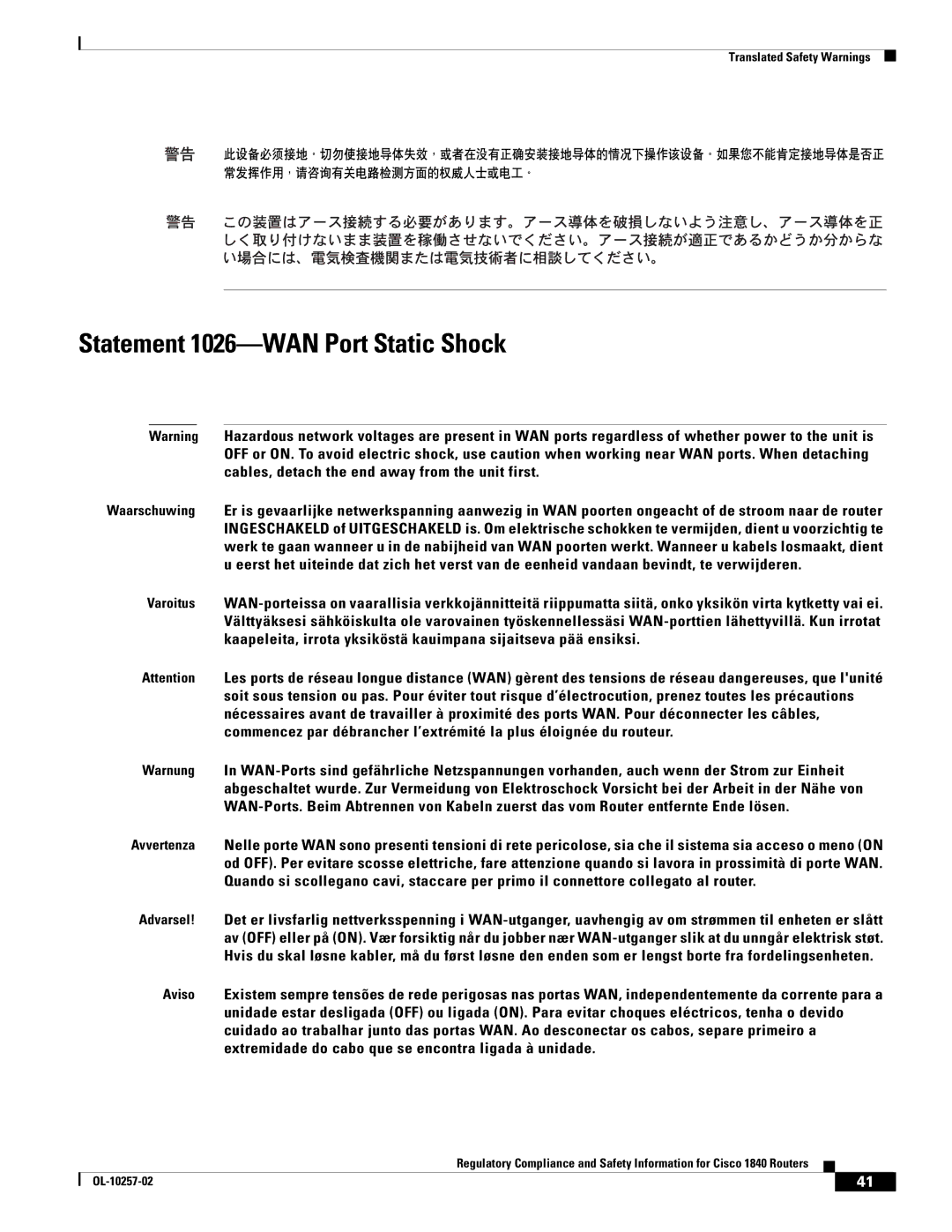 Cisco Systems 1840 manual Statement 1026-WAN Port Static Shock 