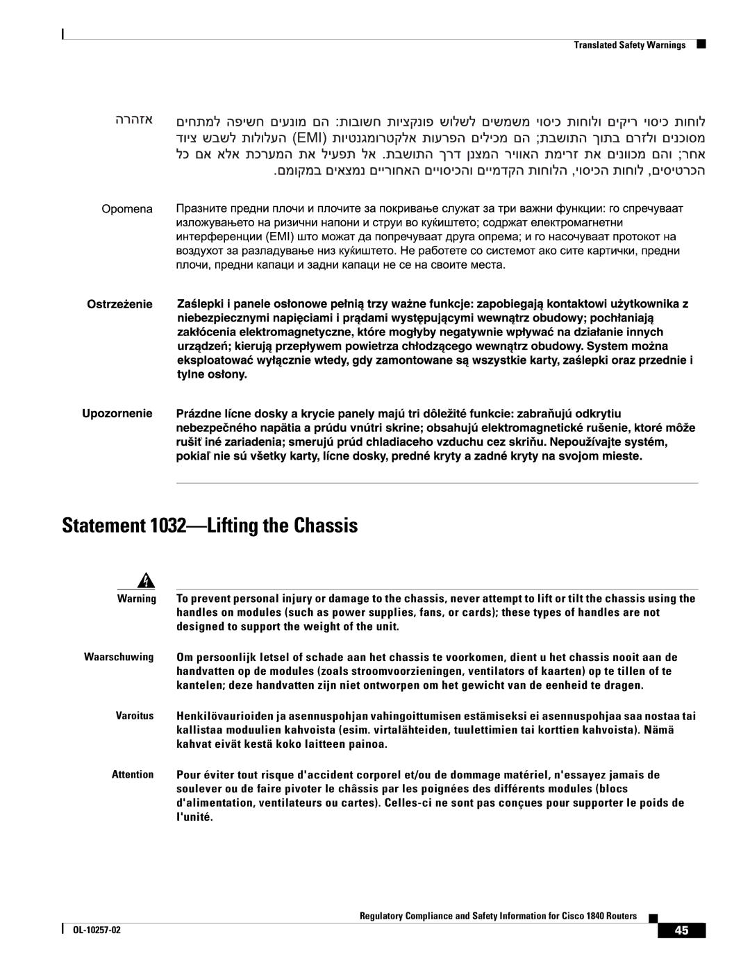 Cisco Systems 1840 manual Statement 1032-Lifting the Chassis 