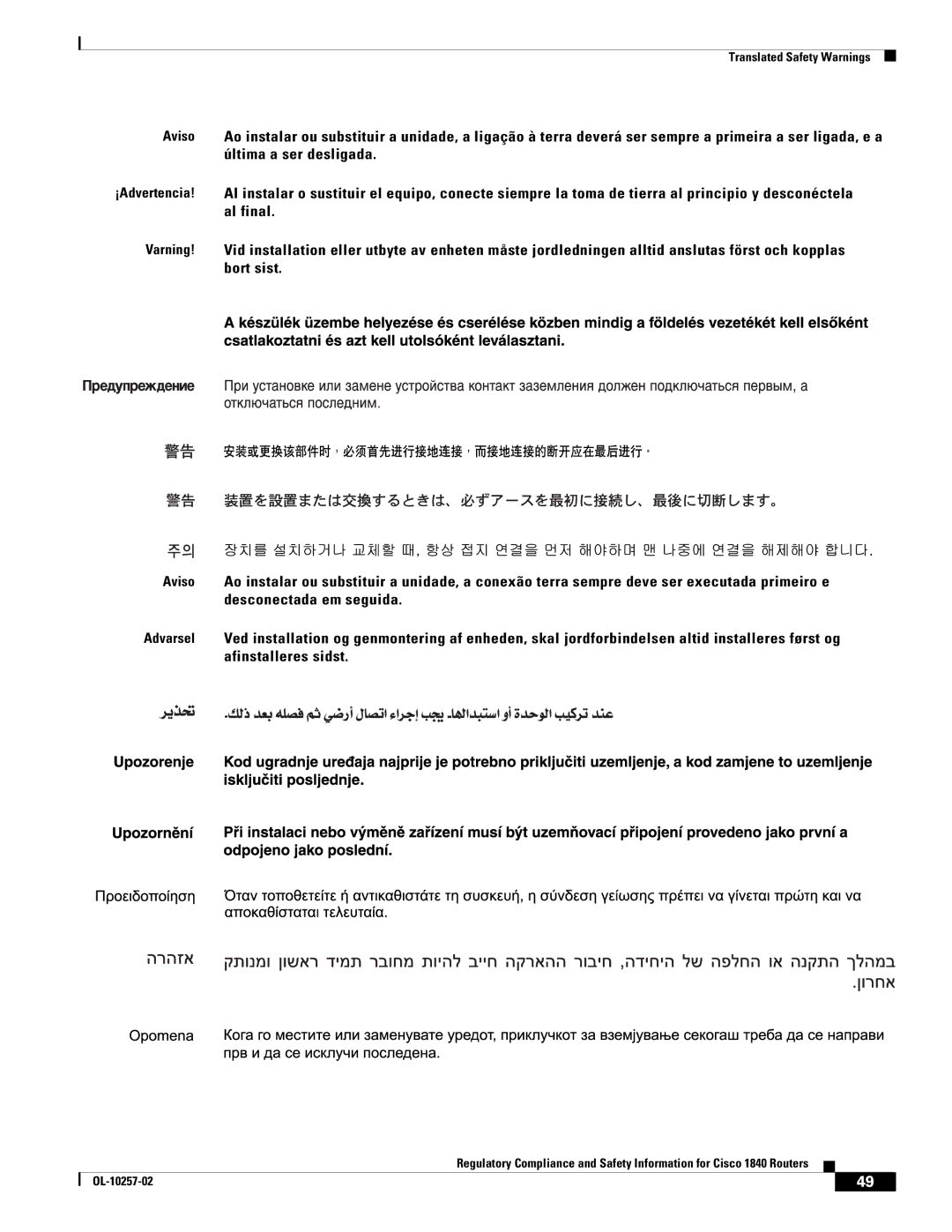 Cisco Systems 1840 manual Translated Safety Warnings 