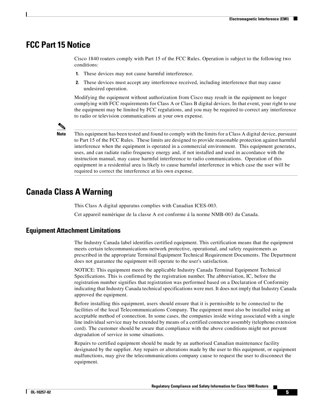 Cisco Systems 1840 manual FCC Part 15 Notice, Canada Class a Warning 