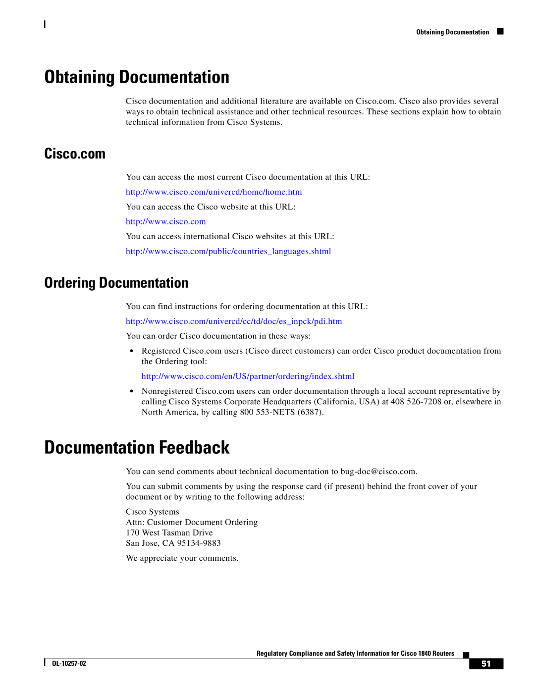 Cisco Systems 1840 manual Obtaining Documentation, Documentation Feedback, Cisco.com, Ordering Documentation 