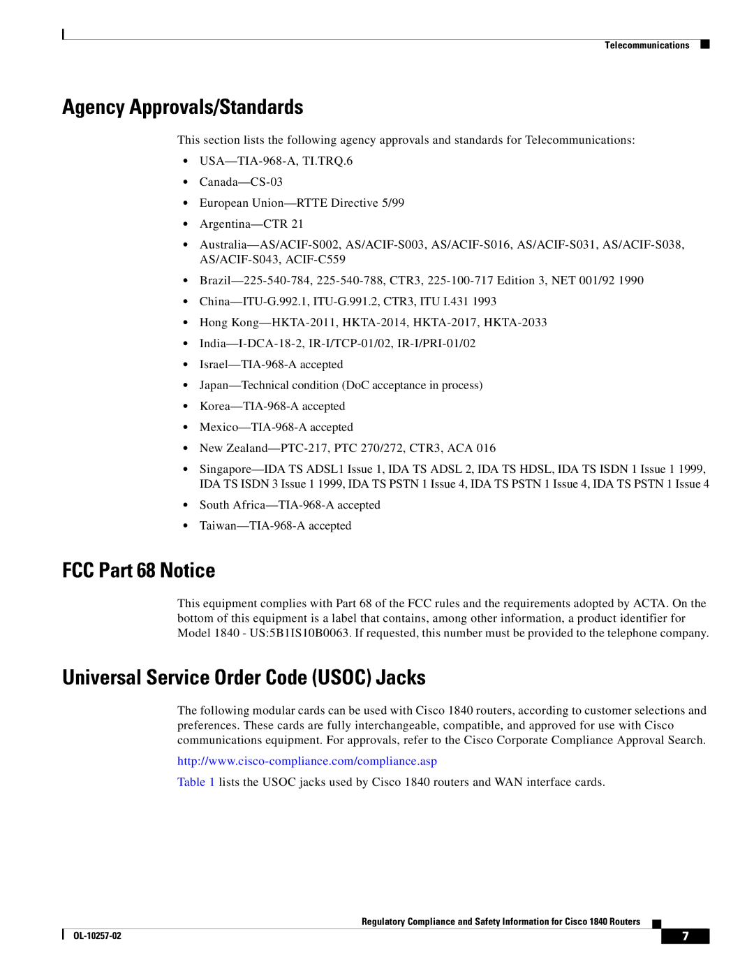 Cisco Systems 1840 manual FCC Part 68 Notice, Universal Service Order Code Usoc Jacks 