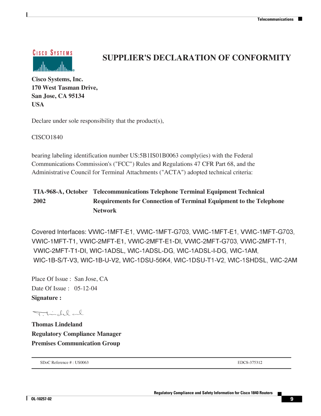 Cisco Systems 1840 manual Suppliers Declaration of Conformity 