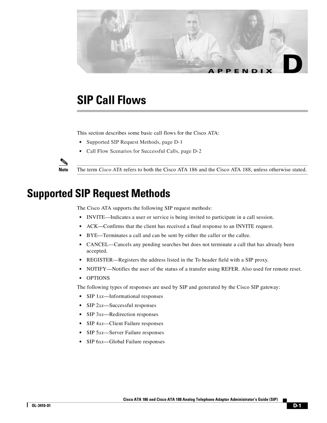 Cisco Systems 186, 188 manual SIP Call Flows, Supported SIP Request Methods 