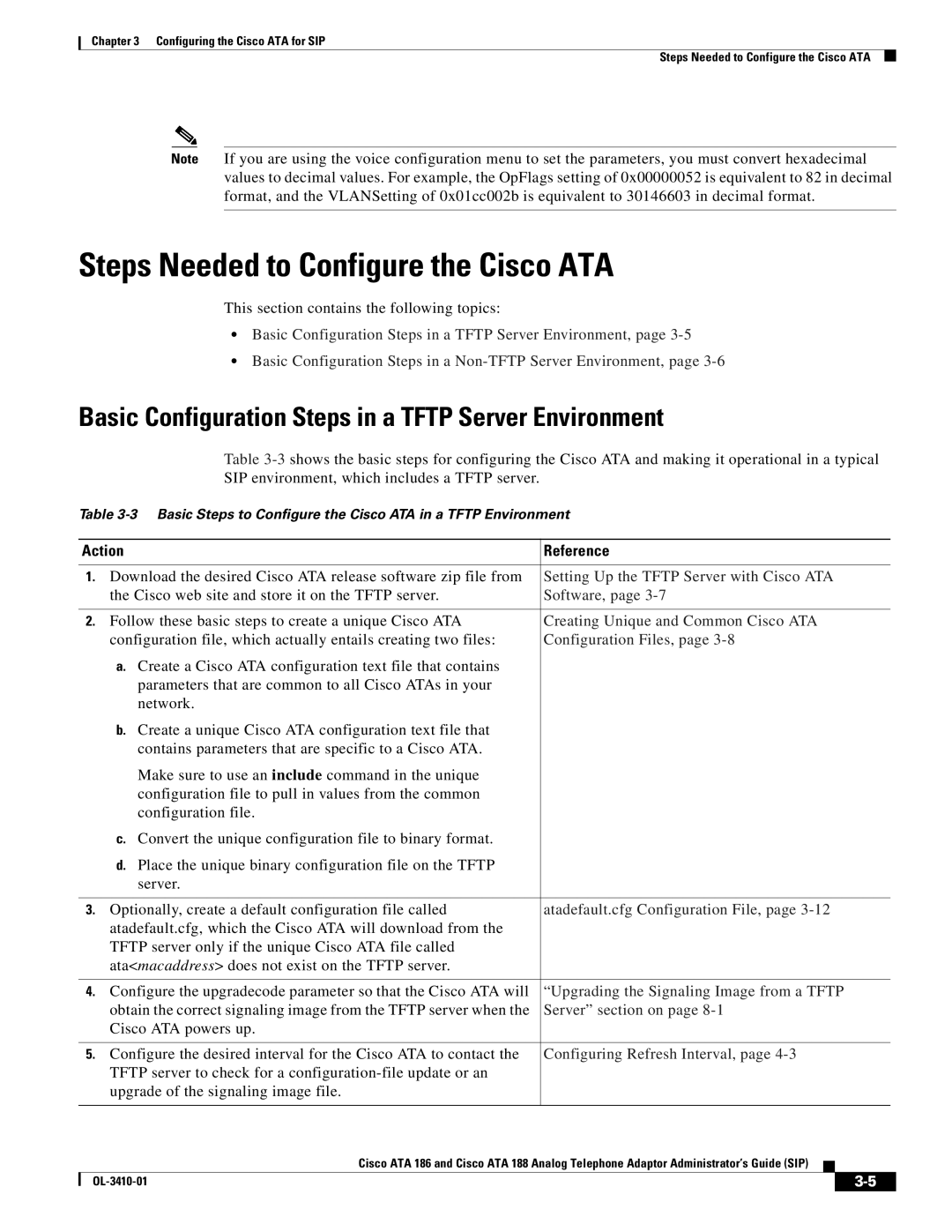 Cisco Systems 186, 188 Steps Needed to Configure the Cisco ATA, Basic Configuration Steps in a Tftp Server Environment 