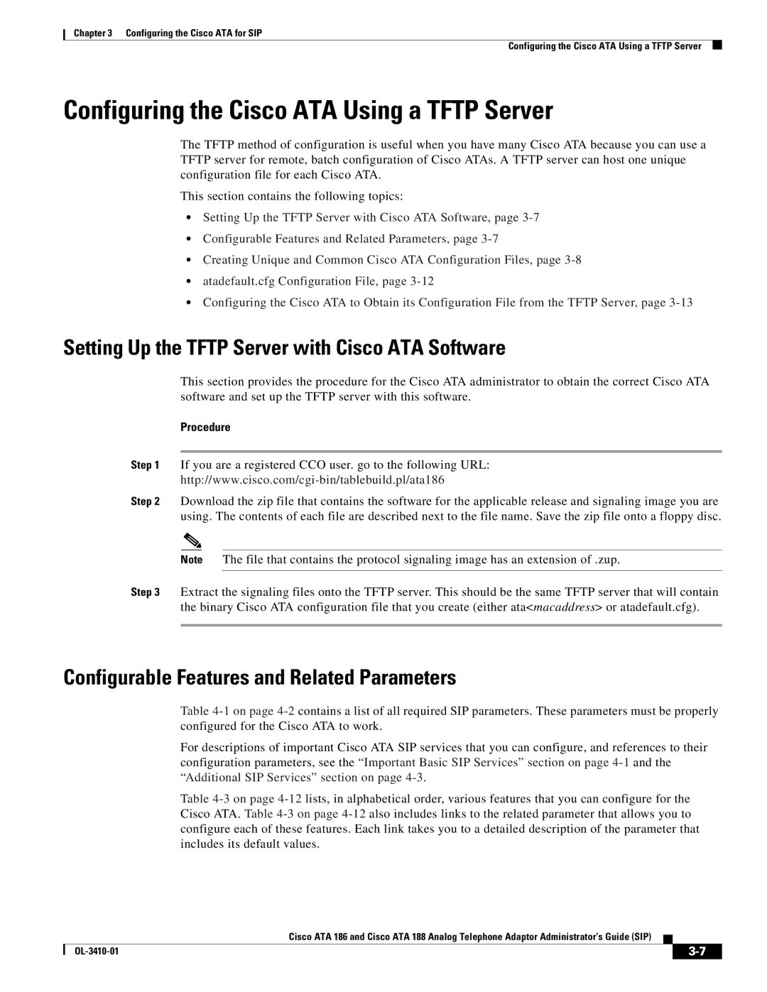 Cisco Systems 186, 188 Configuring the Cisco ATA Using a Tftp Server, Setting Up the Tftp Server with Cisco ATA Software 