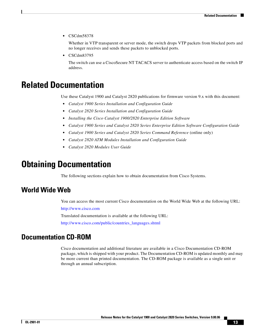 Cisco Systems 2820, 1900 manual Related Documentation, Obtaining Documentation, World Wide Web, Documentation CD-ROM 