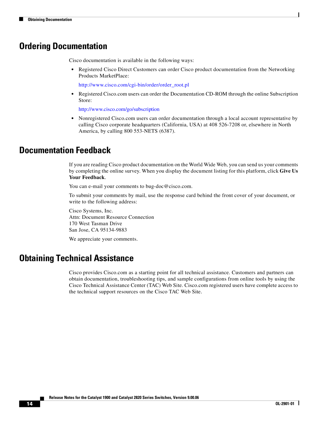 Cisco Systems 1900, 2820 manual Ordering Documentation, Documentation Feedback, Obtaining Technical Assistance 