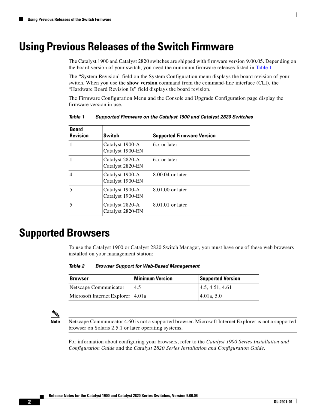 Cisco Systems 1900, 2820 manual Using Previous Releases of the Switch Firmware, Supported Browsers 