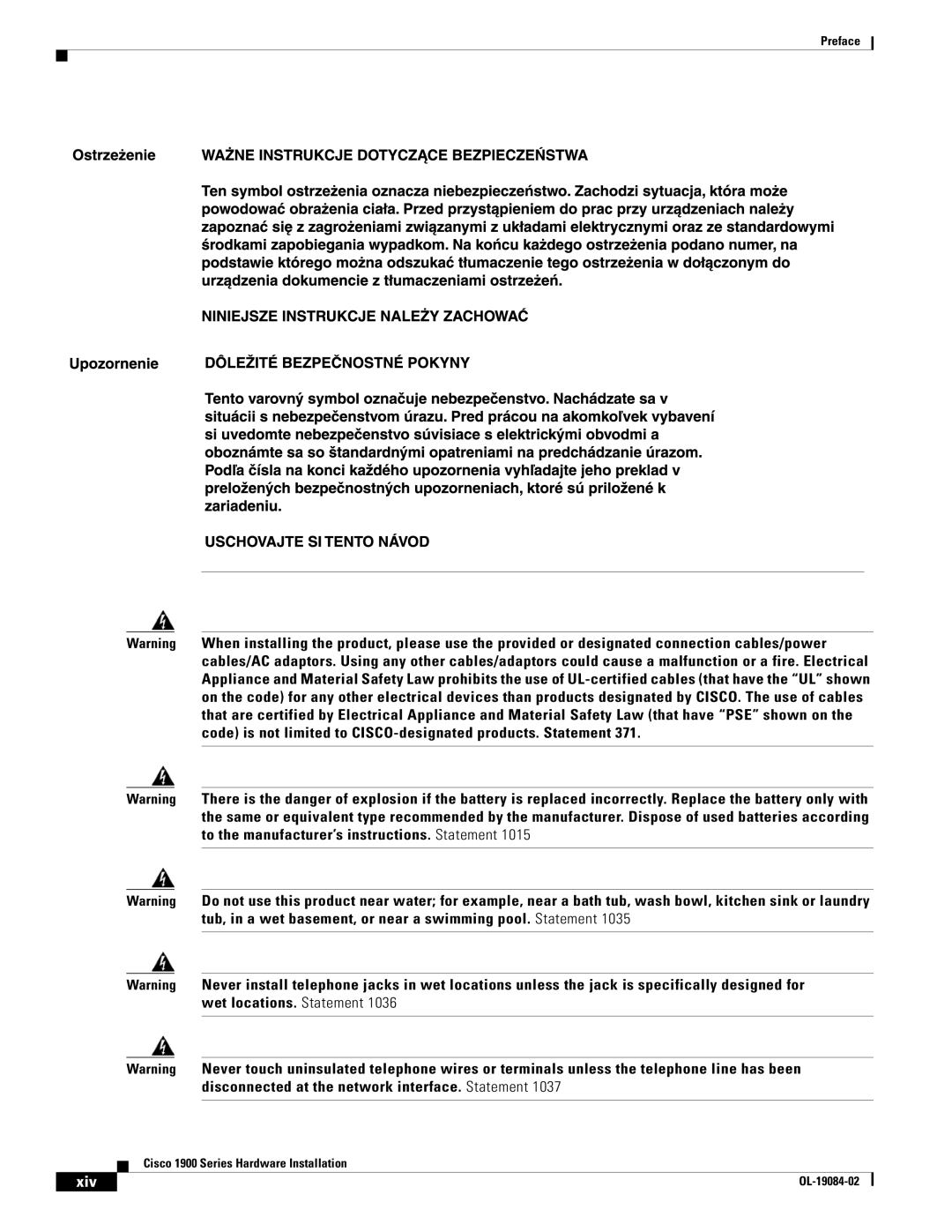 Cisco Systems 1900 Series manual Xiv 