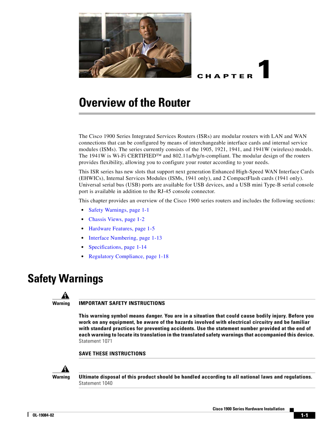 Cisco Systems 1900 Series manual Overview of the Router, Safety Warnings 