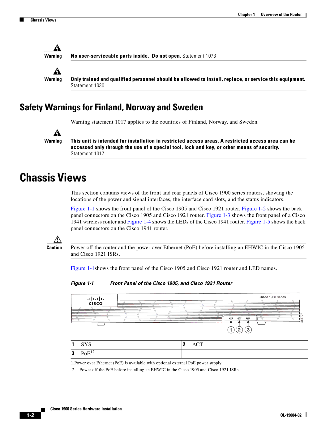 Cisco Systems 1900 Series manual Chassis Views, Safety Warnings for Finland, Norway and Sweden, SYS ACT PoE12 