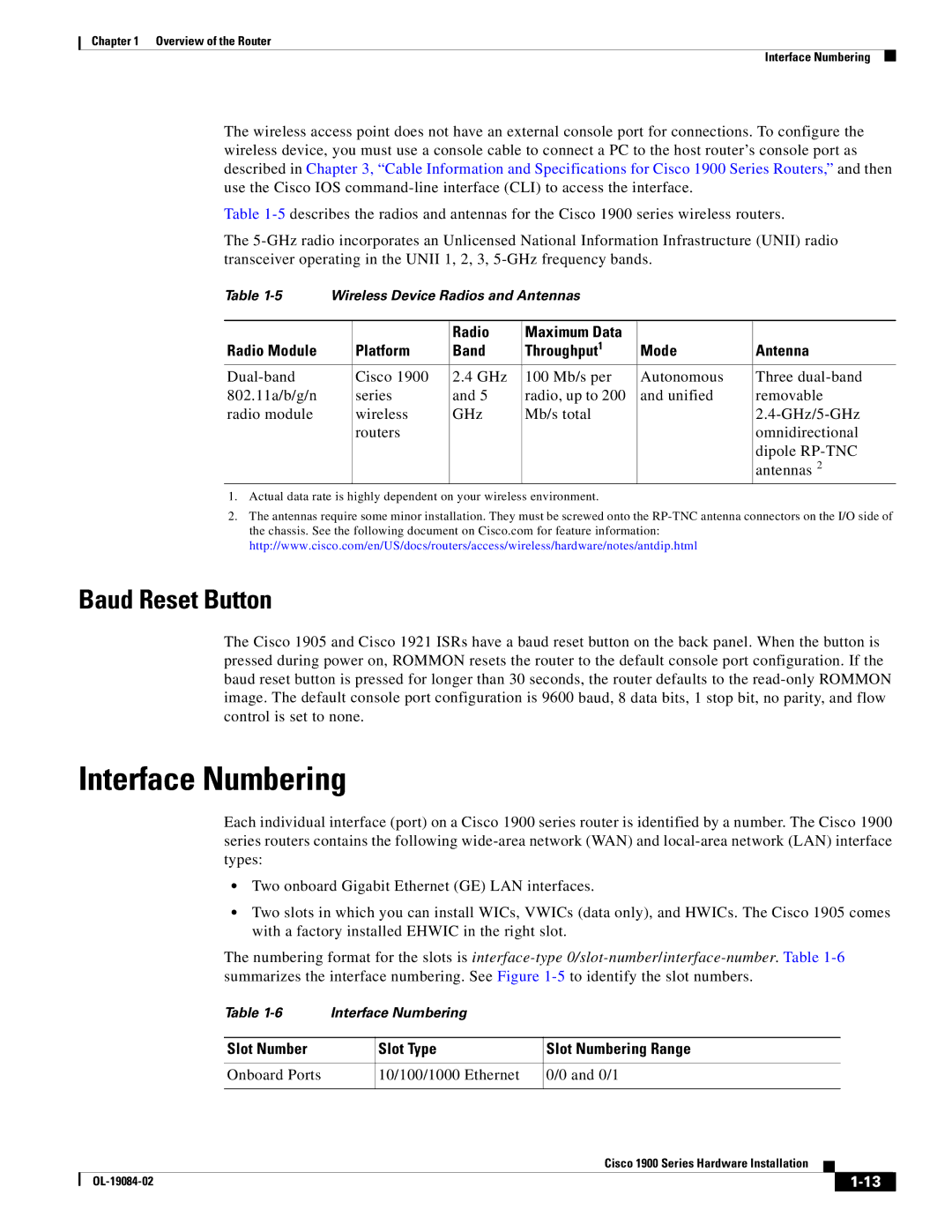 Cisco Systems 1900 Series manual Interface Numbering, Baud Reset Button, Slot Number Slot Type Slot Numbering Range 