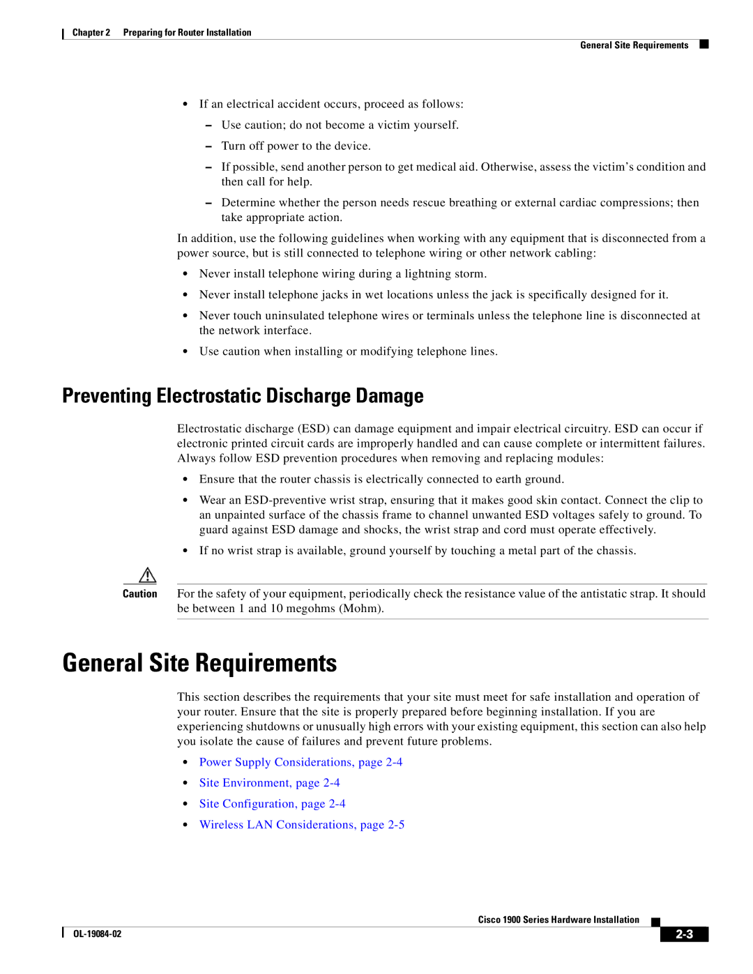 Cisco Systems 1900 Series manual General Site Requirements, Preventing Electrostatic Discharge Damage 