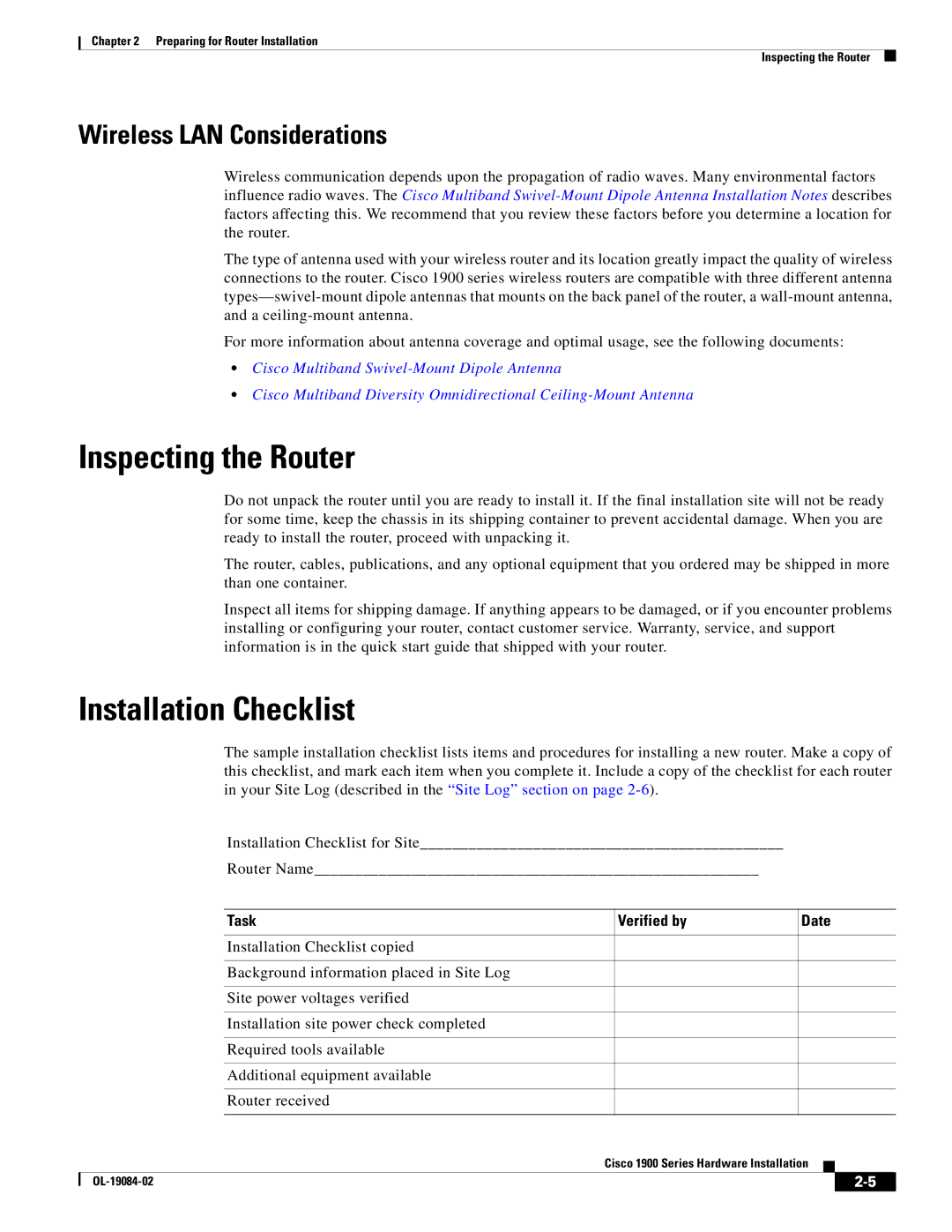 Cisco Systems 1900 Series Inspecting the Router, Installation Checklist, Wireless LAN Considerations, Task Verified by 