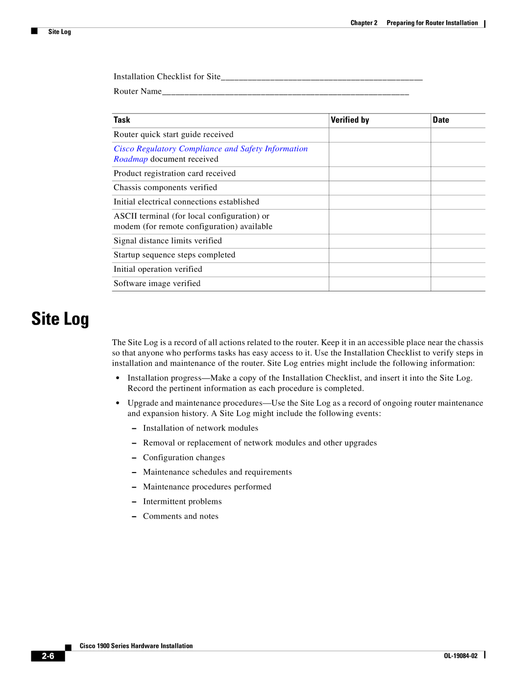 Cisco Systems 1900 Series manual Site Log, Installation Checklist for Site Router Name, Task Verified by Date 