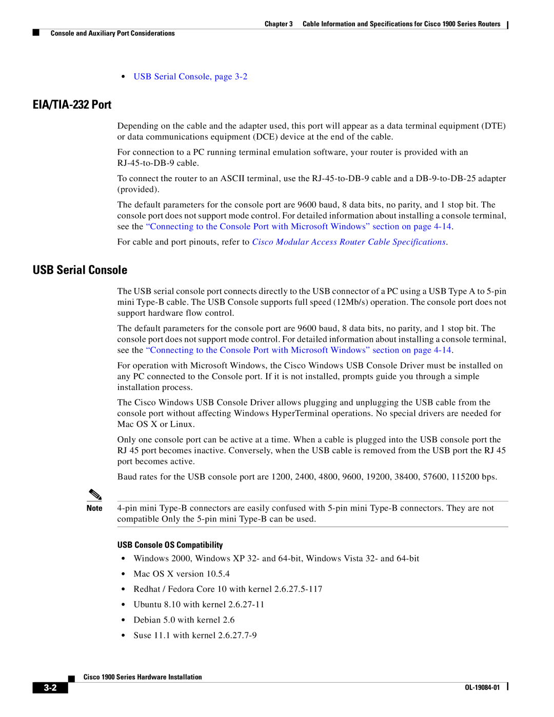 Cisco Systems 1900 Series manual EIA/TIA-232 Port, USB Serial Console, USB Console OS Compatibility 