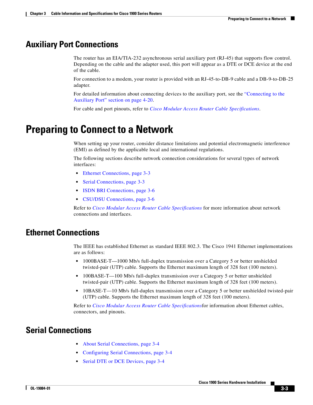 Cisco Systems 1900 Series manual Preparing to Connect to a Network, Auxiliary Port Connections, Ethernet Connections 