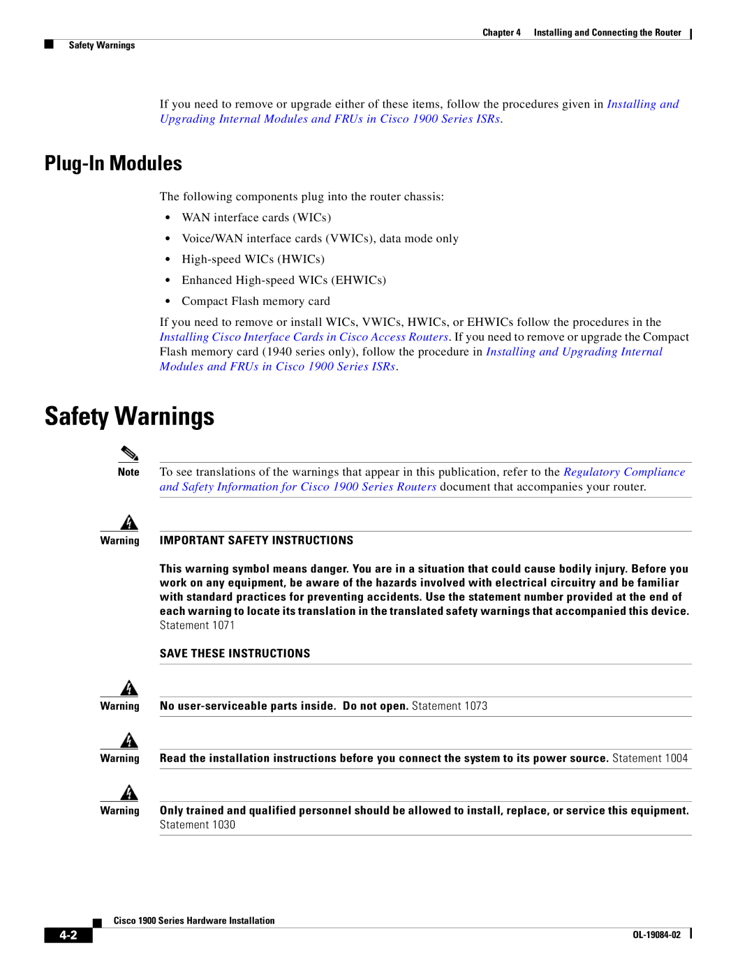 Cisco Systems 1900 Series manual Safety Warnings, Plug-In Modules 