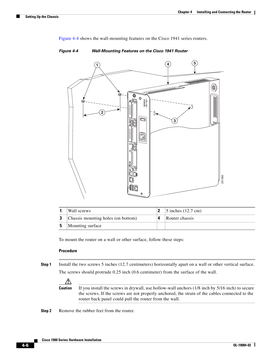 Cisco Systems 1900 Series manual Procedure, Wall-Mounting Features on the Cisco 1941 Router 