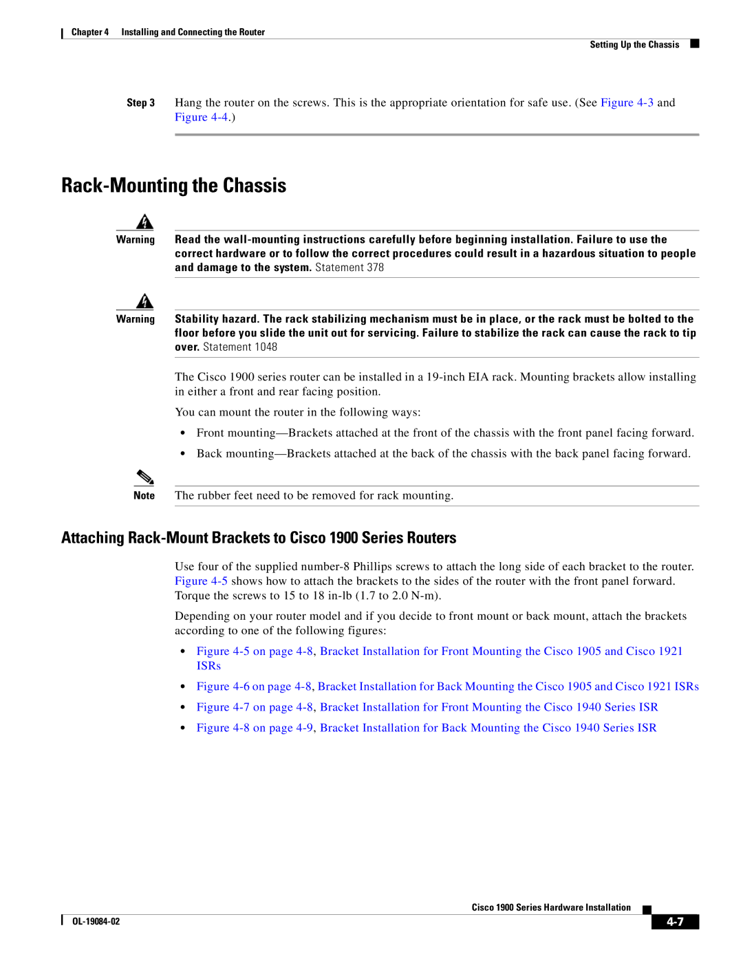 Cisco Systems manual Rack-Mounting the Chassis, Attaching Rack-Mount Brackets to Cisco 1900 Series Routers 