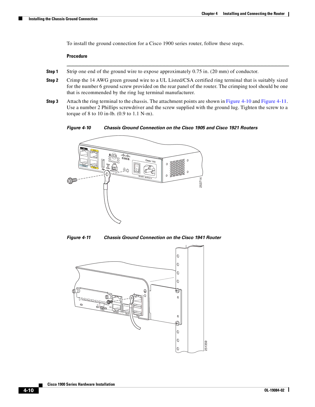 Cisco Systems 1900 Series manual Chassis Ground Connection on the Cisco 1941 Router 